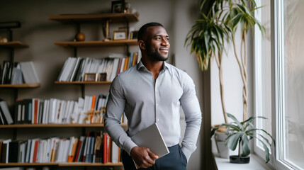 Fototapeta premium Confident smiling businessman holding tablet standing near window in stylish office with bookshelf and plant. Proud career achievement, leadership success, professional business vision panorama.