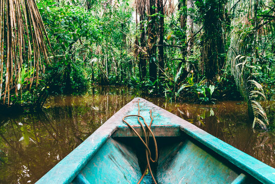 Peru, Tambopata, Boat on Amazon river