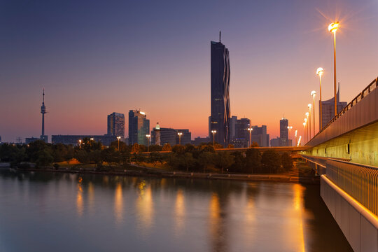 Austria, Vienna, view to Donau City with DC Tower at twilight