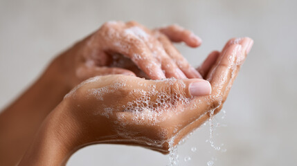 Fototapeta premium Hands rinsing foamy soap lather under dripping water, rich micro-bubbles visible. Daily hygiene washing routine, skincare cleansing freshness, beauty wellness self-care concept.
