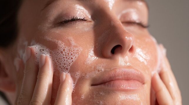 Woman applying foaming cleanser on face, rich micro-bubbles visible on glowing skin. Daily skincare cleansing routine, fresh hydrated complexion, beauty wellness self-care concept.