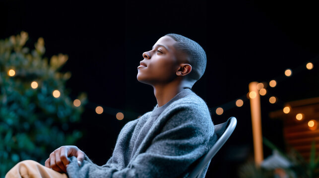 Young Black man in grey sweater sitting outdoors at night, face lit by screen glow, absorbed in watching. Outdoor cinema evening relaxation, mindfulness and lifestyle concept.