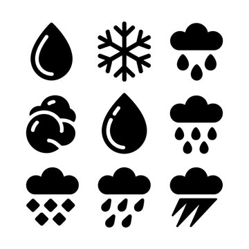 Set of nine weather icons including rain snow clouds sun with weather conditions