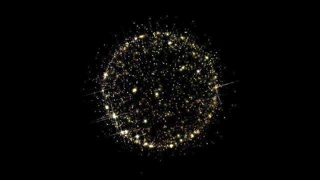 Sphere orbiting on a single axis, with multiple glowing golden incandescent particles. disco ball