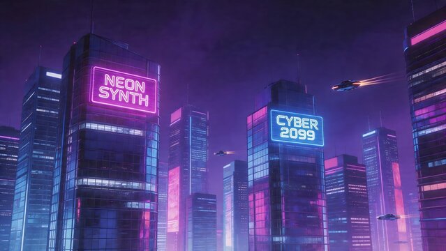 Futuristic cityscape with neon lights and flying vehicles