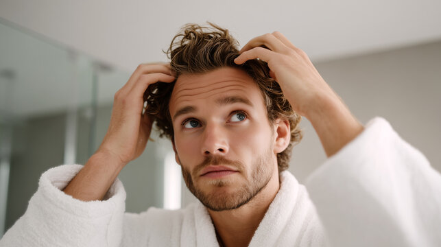 Young man in bathrobe checking thinning hair and scalp in bathroom mirror with concerned expression. Alopecia symptom, male hair loss worry, trichology grooming healthcare concept.