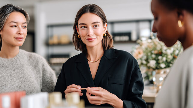 Confident woman in black blazer presenting cosmetic product samples to diverse colleagues in elegant minimal showroom. Seasonal collection meeting, premium brand merchandising, soft blurred background