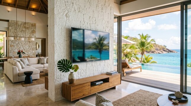 Luxurious tropical villa living room featuring a wall-mounted TV, wooden console, and open glass doors revealing a sunny infinity pool and private beach with blue ocean views in daylight.