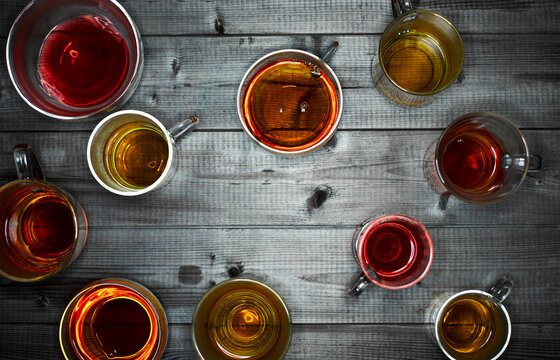 Tea glasses with different sorts of tea