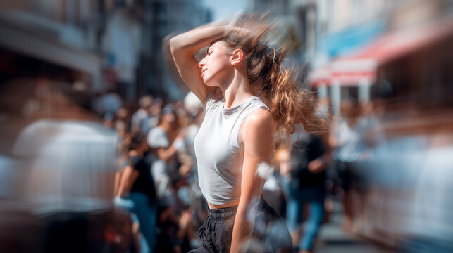 Young woman dancer mid-move with flying hair performing freestyle street dance in sunny urban crowd, dynamic motion blur capturing creativity and energy of contemporary dance culture.