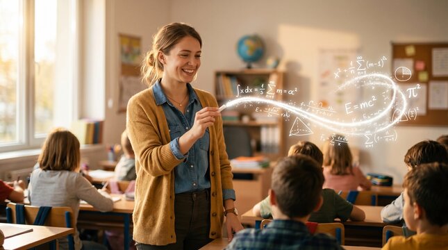 Smiling female teacher explaining math equations to elementary school students in classroom