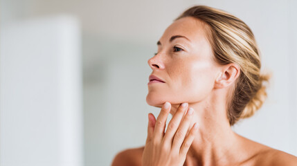 Fototapeta premium Young woman massages chin and jawline to lift double chin contour. Natural facial massage routine, skin tightening, anti-aging selfcare, morning glow, clean beauty ritual.