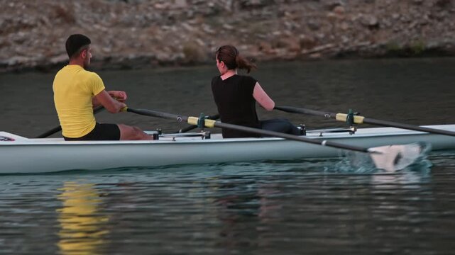 Close cinematic view of two rowers gliding across a calm lake surrounded by rocky hills and pine trees during sunset. Peaceful outdoor sports scene with teamwork and motion on freshwater.
