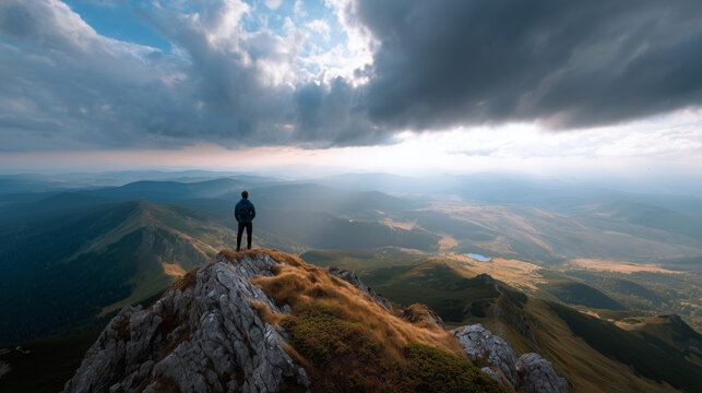 Lone traveler standing on rocky mountain ridge overlooking vast green valley under dramatic stormy sky with sunbeams breaking through clouds, concept of solitude, success and freedom in nature.