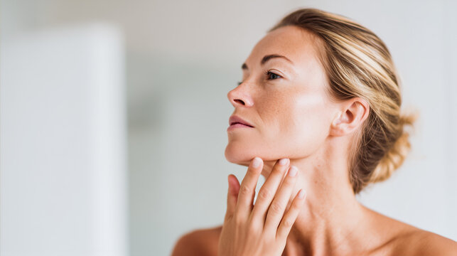 Young woman massages chin and jawline to lift double chin contour. Natural facial massage routine, skin tightening, anti-aging selfcare, morning glow, clean beauty ritual.