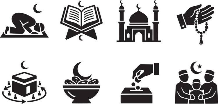 Islamic traditional religious culture celebration ramadan kareem and eid mubarak spiritual observance solid glyph icons set with muslim person performing prostration sajdah on prayer mat open holy qur