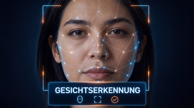 Gesichtserkennung &ndash; Frau mit holografischem Scan-Raster und Schriftzug K&uuml;nstliche Intelligenz biometrische Identifikation Konzept