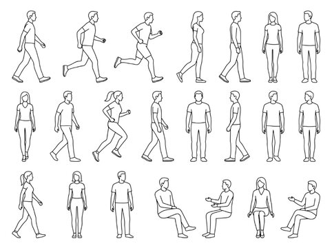 Versatile CAD block library of diverse human figures walking, running, standing, and sitting, perfect for architectural and urban planning scale representation