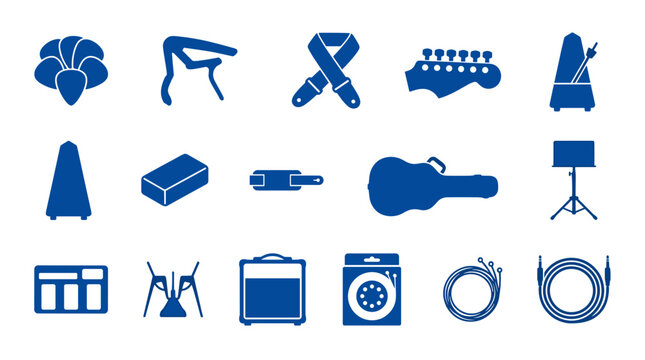vector music instrument guitar accessories icons silhouette blue set