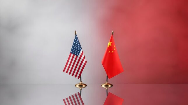 USA and China flags for multilateral diplomacy, trade relations and political summit. United States and Chinese desk symbols with reflection, global cooperation and economic partnership for peace.