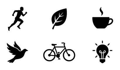 Fototapeta premium Healthy Lifestyle Icons: Running, Leaf, Coffee, Dove, Bicycle, Lightbulb, Vector Set