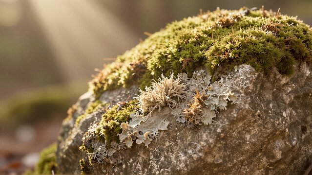 Mossy rock with delicate lichen bathed in soft sunlight filtering