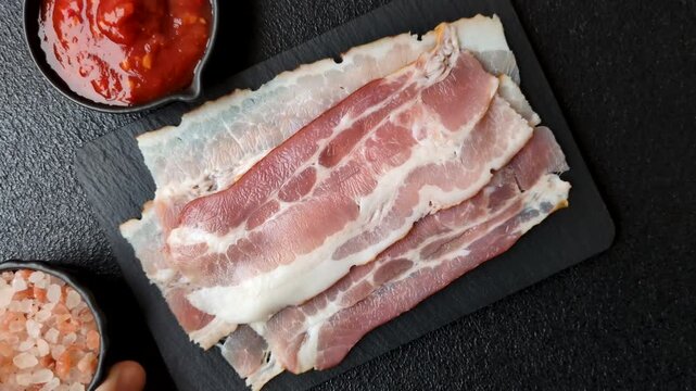 Raw fresh bacon slices with layers of meat or prosciutto with salt and spices. Raw bacon as a food background for your design