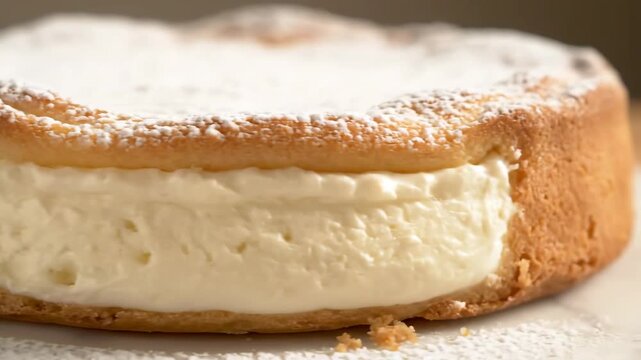 Close-up of a Delicious Baked Cream Cake or Cheesecake Covered in Powdered Sugar, Showing the Thick Custard Filling and Golden Crust.
