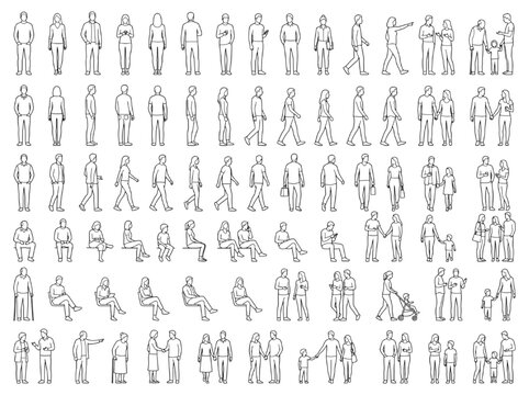 Diverse collection of human figures in minimalist line art, perfect for architectural CAD drawings and visualization, representing various poses and groups for urban planning