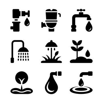 Water and irrigation system icons in black and white vector illustration with plant care