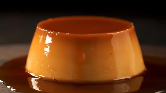 Delicious homemade cr&egrave;me caramel dessert known as flan, showcased in rich golden caramel syrup on a dark background with professional food styling for a glossy, decadent look.