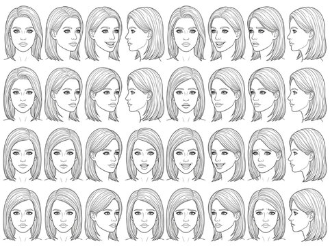 CAD-ready reference featuring diverse female facial expressions and head postures, perfect for character design and animation concept development
