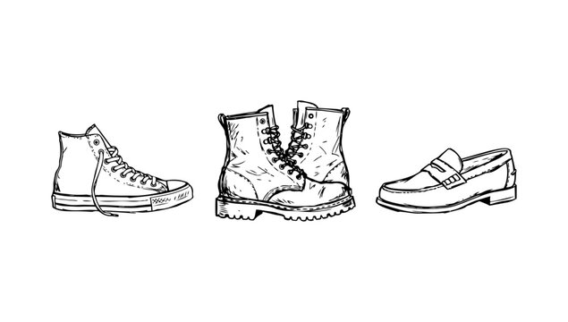 Footwear and classic shoe doodle collection including high top sneakers boots and loafer shoes