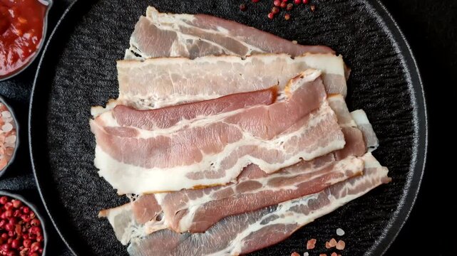 Raw fresh bacon slices with layers of meat or prosciutto with salt and spices. Raw bacon as a food background for your design
