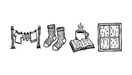 Obraz premium Home daily life routine doodle items featuring clothesline socks hot coffee cup open book