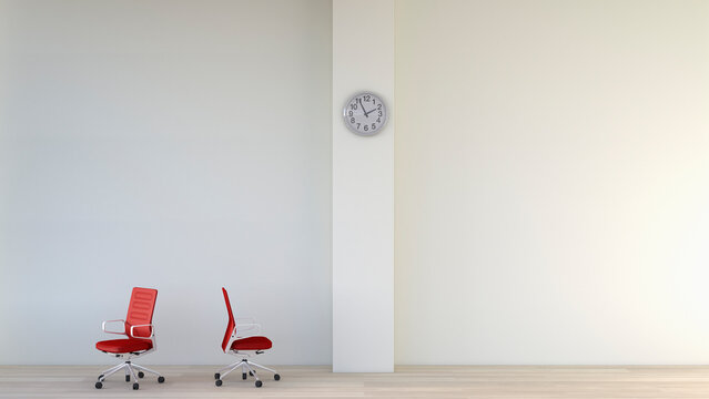 White room with two red office chairs and a wall clock, 3D Rendering