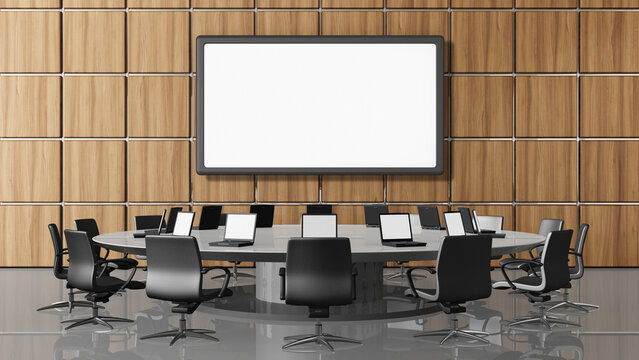 Conference room with projection screen, illustration