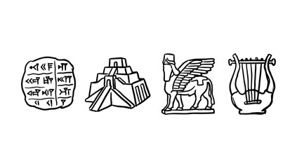 Obraz premium Ancient civilization historical artifacts doodle including stone tablet pyramid statue and antique string instrument