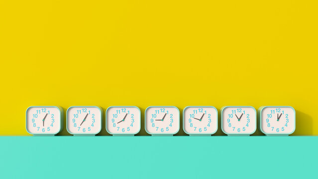 3D rendering, Row of alarm clocks, showing different times
