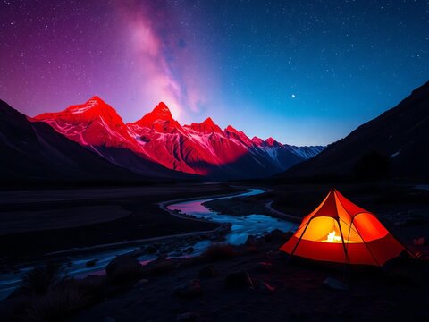 Crimson peaks embrace a sapphire sky, stardust river spills across midnight, tent's ember whispers to cosmic glow,  snow,  luminous
