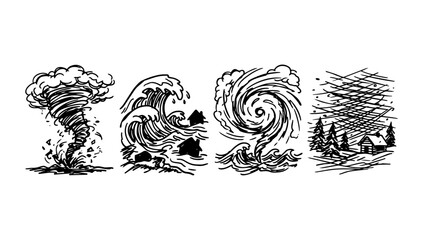 Fototapeta premium Severe weather and stormy landscape doodle elements featuring tornado rough ocean waves wind clouds