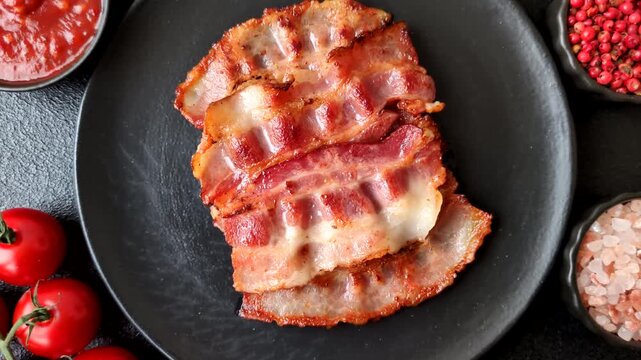 Fried fresh bacon slices with layers of meat or prosciutto with salt and spices. Fried bacon as a food background for your design