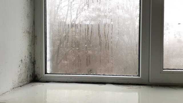 Window covered with moisture and water drops streaming down glass surface. Window frame with visible mold and damp stains, humid indoor climate, condensation on glass, cold rainy weather outside,