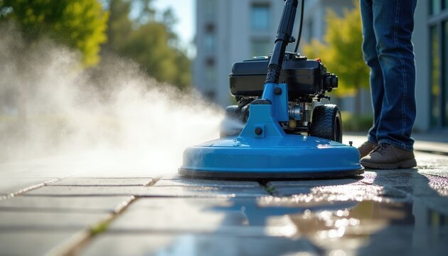 Person cleans stone pavement with blue steam cleaner machine. Hot vapor spray sanitizes outdoor patio surface. Exterior upkeep, urban maintenance.