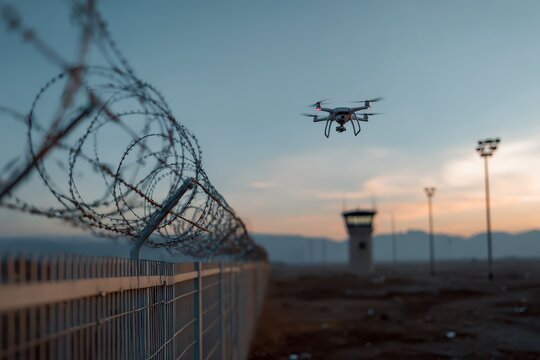 Aerial security drone over a barbed wire fence guarding a remote border at dusk