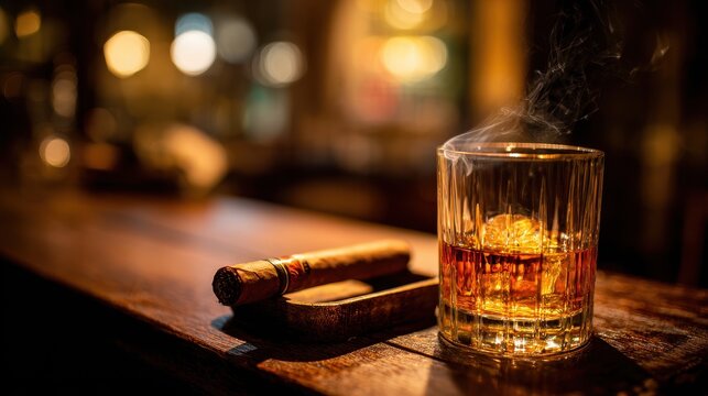 Amber whiskey with a lit cigar resting on a dark wooden table in a cozy bar setting