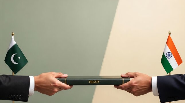 India and Pakistan treaty for peace agreement with hands holding document for diplomacy and bilateral talks. International relations, cooperation and national flags for politics and summit legal deal