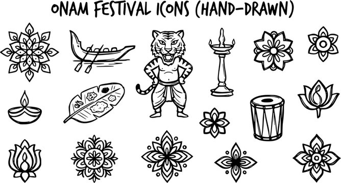 Onam Festival Hand-Drawn Icons Set: Black  White Line Art Symbols of Kerala Culture  Boat, Tiger, Lamp, Food, Drum, and Floral Elements.