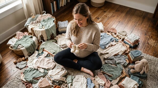 Happy pregnant woman sitting on a cozy wooden floor rug surrounded by many organic baby clothes, holding tiny booties under soft natural light for maternal lifestyle concepts.