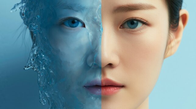 Half human face merged with water texture, showcasing blue eyes and smooth skin against a light blue background, emphasizing a surreal and artistic concept of beauty